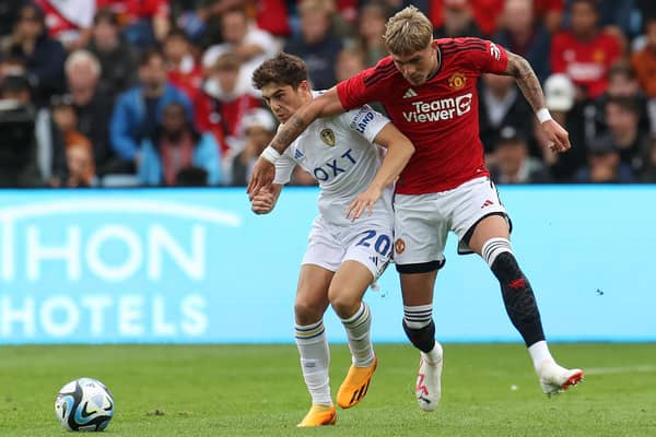 CONFIDENCE: From Leeds United attacker Dan James, left, pictured challenging Brandon Williams in this month's pre-season friendly against Manchester United in Oslo.
Photo by Matthew Peters/Manchester United via Getty Images.