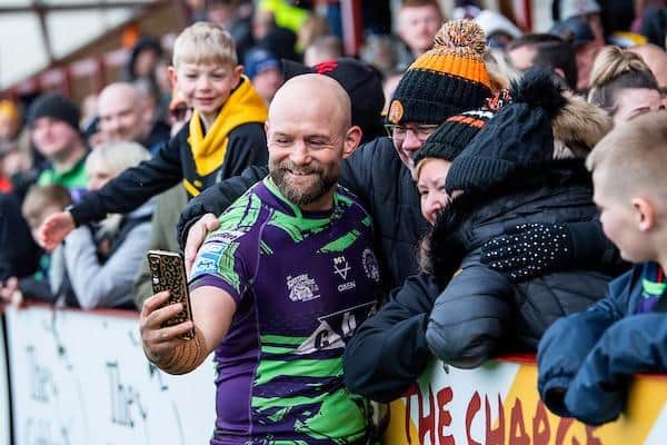 Castleford Tigers' Paul McShane celebrates with fans after the Challenge Cup win at Batley Bulldogs. Picture by Allan McKenzie/SWpix.com.