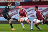 Leeds United's English striker Patrick Bamford (L) shoots to score their second goal during the English Premier League football match between Aston Villa and Leeds United at Villa Park in Birmingham, central England on October 23, 2020. (Photo by Laurence Griffiths / POOL / AFP) / RESTRICTED TO EDITORIAL USE. No use with unauthorized audio, video, data, fixture lists, club/league logos or 'live' services. Online in-match use limited to 120 images. An additional 40 images may be used in extra time. No video emulation. Social media in-match use limited to 120 images. An additional 40 images may be used in extra time. No use in betting publications, games or single club/league/player publications. /  (Photo by LAURENCE GRIFFITHS/POOL/AFP via Getty Images)