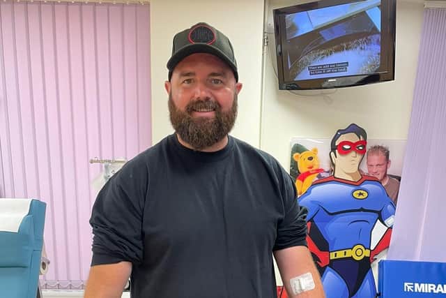 Castleford man Carl Etherington gave blood in Leeds during the #GlobalBloodHeroes record bid campaign. Picture: Who Is Hussain/PA Wire