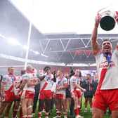 Hull KR's Sauaso Sue with the Challenge Cup at Wembley. Picture by Ed Sykes/SWpix.com.