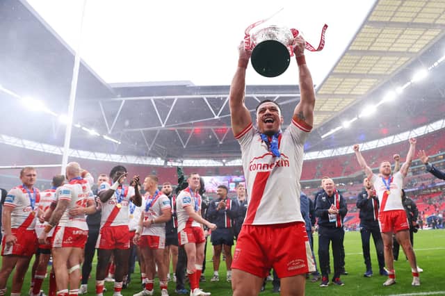 Hull KR's Sauaso Sue with the Challenge Cup at Wembley. Picture by Ed Sykes/SWpix.com.