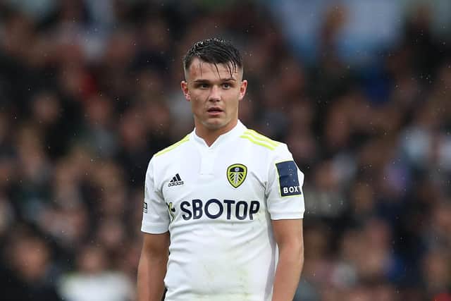 LEEDS, ENGLAND - OCTOBER 02: Jamie Shackleton of Leeds in action during the Premier League match between Leeds United and Watford at Elland Road on October 02, 2021 in Leeds, England. (Photo by Jan Kruger/Getty Images)