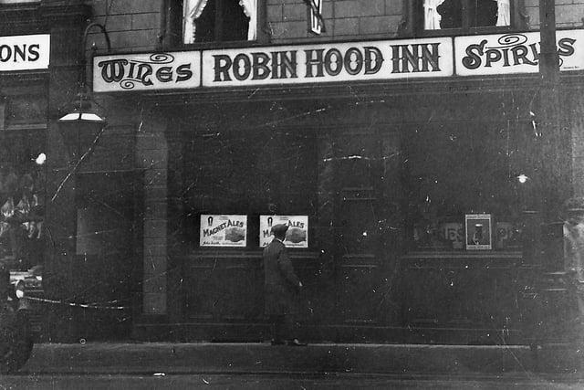 The Robin Hood Inn at 71 Vicar Lane, pictured possibly around the mid 1930s, and located just north of the County Arcade. On the left can just be seen the premises of Joseph Bradbury & Sons, pork butchers. The building seen here was built in 1930, replacing an older premises dating back to the 1800s. The Inn became the Duchess of York in 1988.