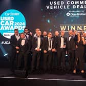 The triumphant VanStar team on stage with awards night compere Mike Brewer, right, and Ryan Scaife, from category sponsors Close Brothers Motor Finance.