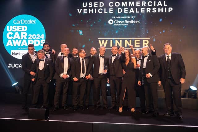 The triumphant VanStar team on stage with awards night compere Mike Brewer, right, and Ryan Scaife, from category sponsors Close Brothers Motor Finance.