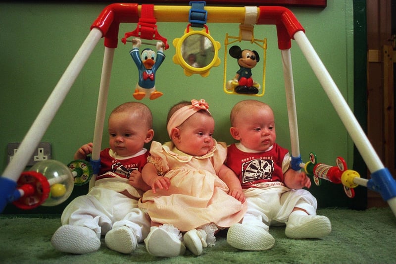 Visitors calling into Crossgates Methodist Church Hall on Austhorpe Road in July 1996 could be excused for seeing double, or triple. The first get together of the East leeds Twins Club was held with 21 mums turning up at the gathering. Pictured are five month old triplets, from left,  , Laura, and Harry Lloyd-Anderson.
