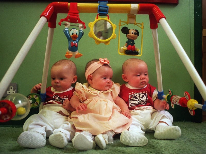 Visitors calling into Crossgates Methodist Church Hall on Austhorpe Road in July 1996 could be excused for seeing double, or triple. The first get together of the East leeds Twins Club was held with 21 mums turning up at the gathering. Pictured are five month old triplets, from left, , Laura, and Harry Lloyd-Anderson.
