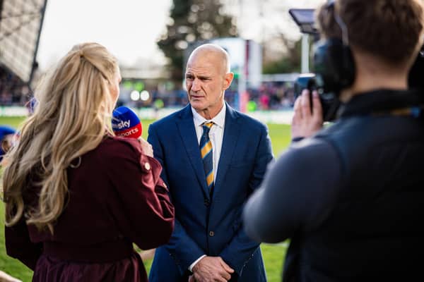 Leeds Rhinos coach Brad Arthur speaks to Sky Sports followinjg the win against Warrington Wolves three weeks ago. Picture by Alex Whitehead/SWpix.com.