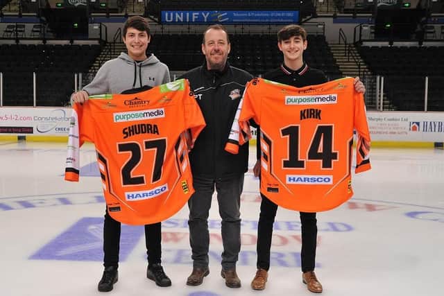 STARTING POINT: Cole Shudra (left) poses with then Sheffield Steelers head coach Paul Thompson and fellow 'apprentice' Liam Kirk, after the two were unveiled by the Elite League club before the 2016-17 season. Picture courtesy of Dean Woolley/Steelers Media.