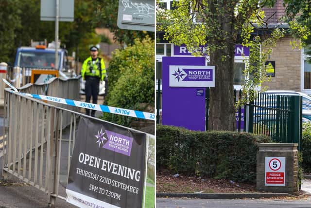 A police cordon in place outside the school in Huddersfield, left, and, the school gates, pictured right.