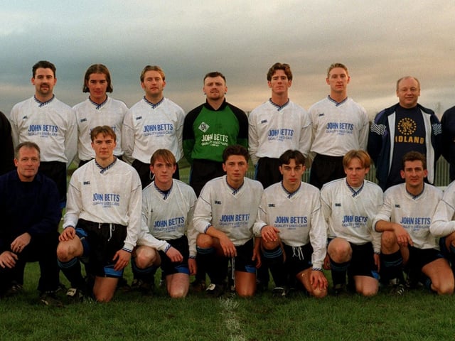 Pontefract Collieries AFC pictured in December 1996 who played in the Norther Counties League East Premier Division. Back row, from left, are Jim Kenyon, (manager) Gary Cygan, Kevin Severn, Jon Padgett, Alan Scott, Neil Jackson, Chris Hunt, Alan Dean (physiotherapist) and Frank MacLachlan, (assistant manager). Front row, from left, are Ron Winter, (team coach) Andy Hart, David Kearns, Dean Helliwell, Darren Holmes, Kieran Patrick, Colin Hodgson and Mickey Clough.