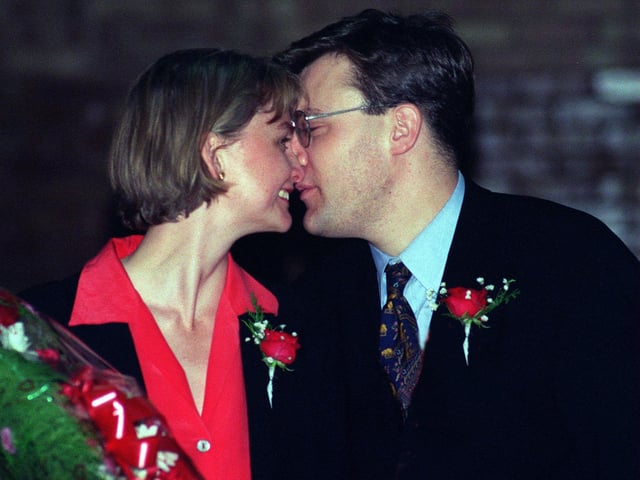 The new Labour MP for Pontefract and Castleford Yvette Cooper gets a kiss from her fiancee Ed Balls  after the count at Knottingley Sports Centre in May 1997.