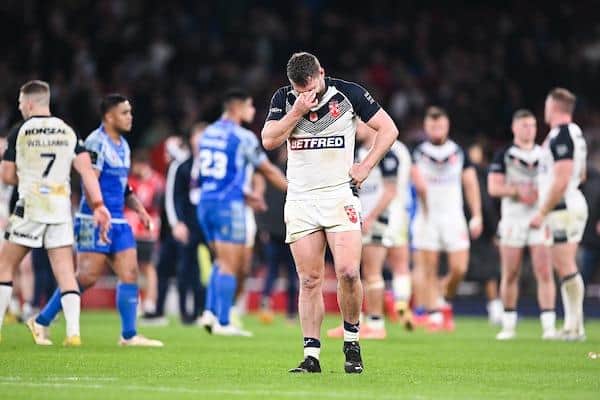 Elliott Whitehead sums up how every England fan felt after Samoa's golden-point semi-final win. Picture by Will Palmer/SWpix.com.