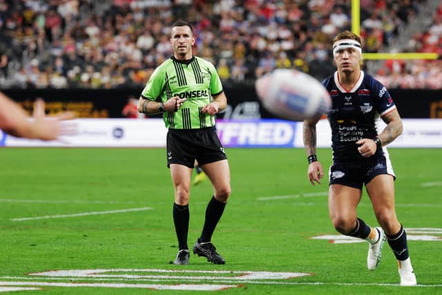 Jack Smith seen refereeing Leeds Rhinos' game agianst Hull KR i9n Las Vegas. Picture by Alex Whitehead/SWpix.com.