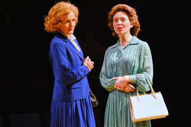 Pandora Clifford and , right, Liz Garland in Handbagged at the Stephen Joseph Theatre (credit: Tony Bartholomew)