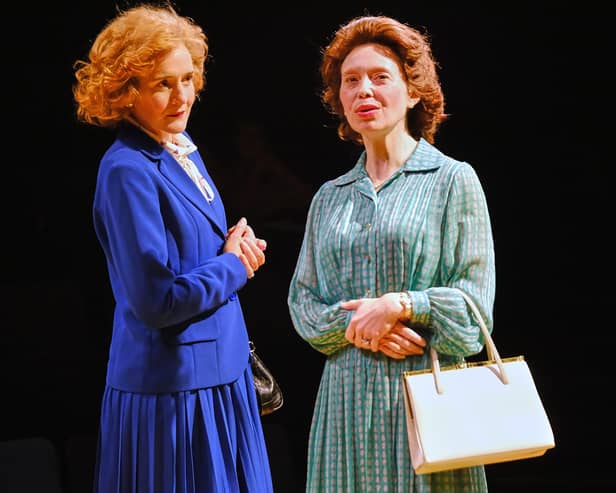 Pandora Clifford and , right, Liz Garland in Handbagged at the Stephen Joseph Theatre (credit: Tony Bartholomew)
