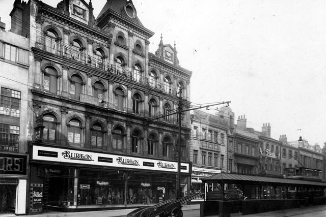 Burton Tailors on Briggate in March 1938. Above the shop, The Imperial Hotel, with Nelson's billiard hall. In 1961 the old hotel building was demolished and Burton company rebuilt new store on the site.