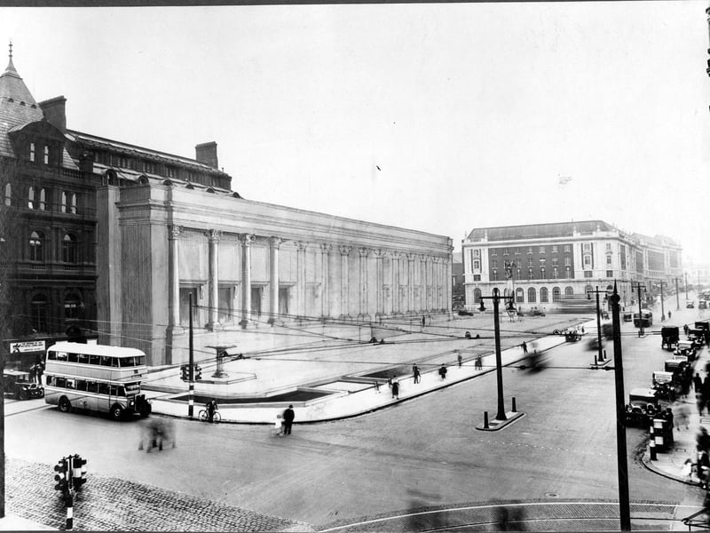 A view looking up Headrow with proposed design for Art Gallery frontage added by architect to photograph. Pictured in February 1936.