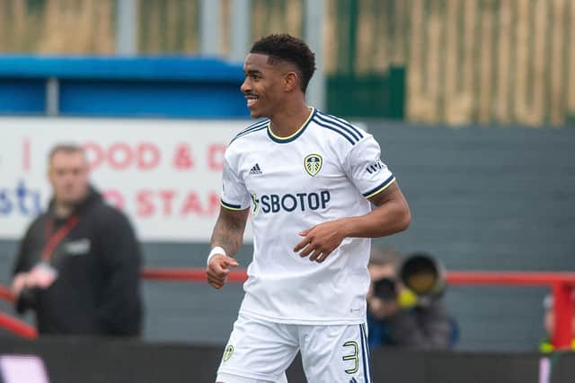 Junior Firpo celebrates scoring Leeds' second goal.
Accrington Stanley v Leeds United. FA Cup 4th round. Wham Stadium.
28 January 2023. Picture Bruce Rollinson