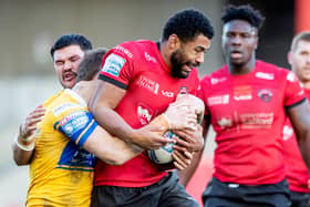 Kallum Watkins on the ball for Salford Red Devils against Leeds Rhinos in February. Picture by Allan McKenzie/SWpix.com.