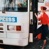 Val Fletcher pictured working as a hostess for National Express.