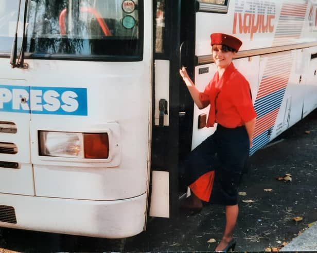 Val Fletcher pictured working as a hostess for National Express.