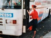 Val Fletcher pictured working as a hostess for National Express.