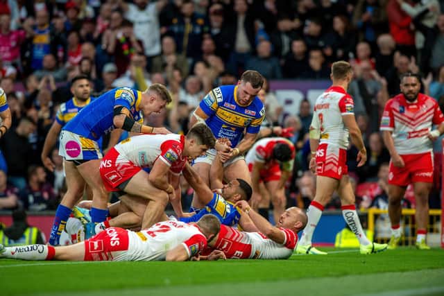 Kruise Leeming celebrates his try. Picture by Bruce Rollinson.