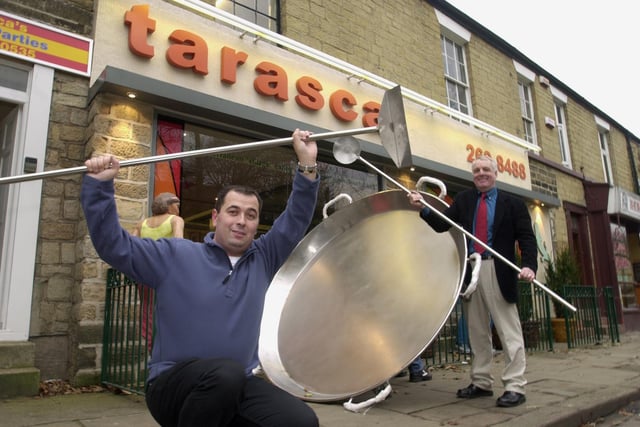 A new giant paella pan arrives from Spain to Spanish restaurant, Tarasca, in Chapel Allerton, Leeds. Pictured in November, 2002, is manager Vincent Bremaud, left, and owner Nigel Crinson.