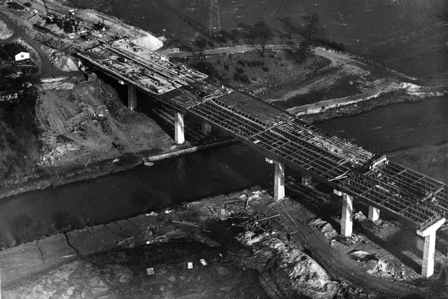 A bird's eye view during the construction of the Doncaster bypass in February 1961. The Don Valley Bridge builds up over the River Don.
