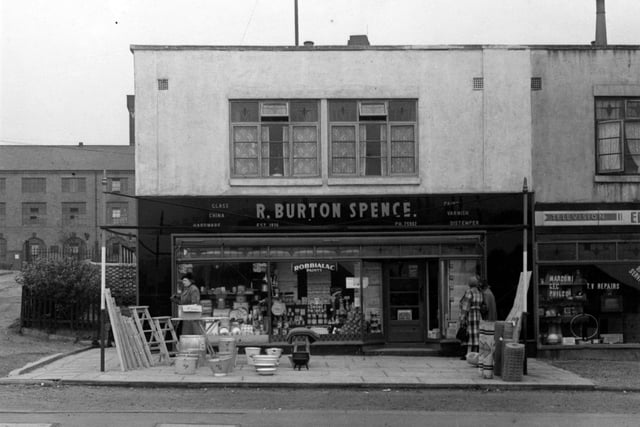 R. Burton-Spence hardware dealer on the north east side of Dewsbury Road pictured in May 1953. Next to that is Electronic Services.