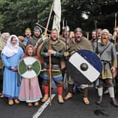 The Ormsheim Vikings and friends limber up to do battle. (pic by Steve Riding)