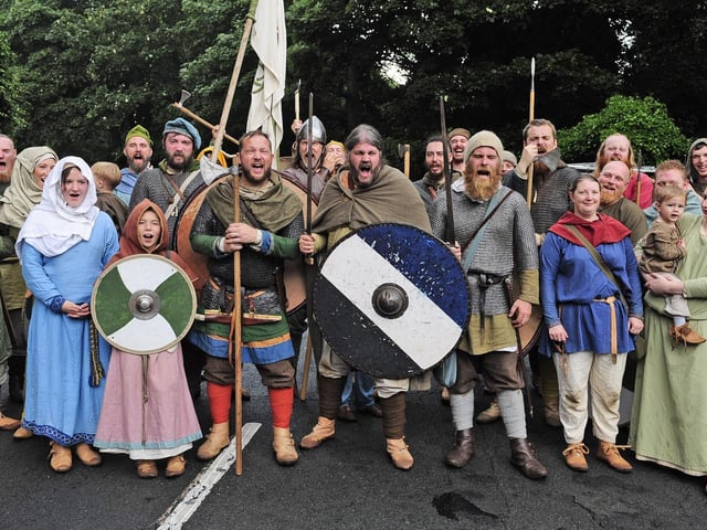 The Ormsheim Vikings and friends limber up to do battle. (pic by Steve Riding)