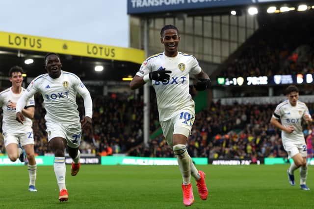 OUTSTANDING: Crysencio Summerville, centre, celebrates drawing Leeds United level with the first part of his brace en route to a 3-2 Whites victory against Championship hosts Norwich City at Carrow Road. Photo by George Tewkesbury/PA Wire.