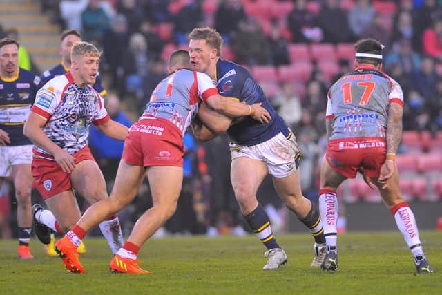 Rhinos' Tom Holroyd on the charge against Leigh last week. Picture by Steve Riding.
