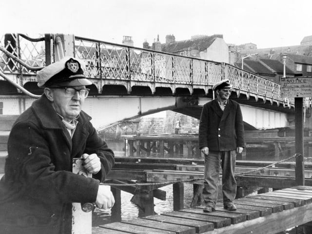 John Usher one of the swing bridge operators at Whitby Harbour in November 1971. The other man is Frank Turner.