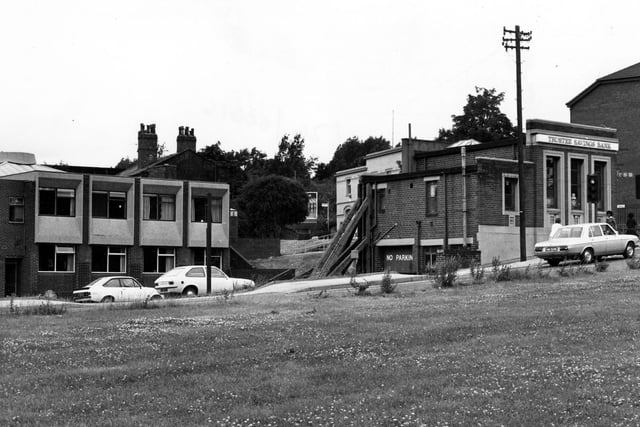 Burley Liberal Club and carpark pictured in July 1979. On the right is the Trustee Savings Bank, located at the junction of Willow Road and Burley Road.