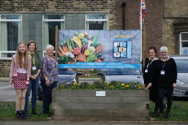 Menston Community Fridge opens in Kirklands Community Centre with hopes to reduce food waste. Pictured are the team behind the initiative. From left to right, Ella Sanderson, Jeni Rhodes, Heather Norris, Laura Tully, and Cathy Tully. Photo: Steve Davey