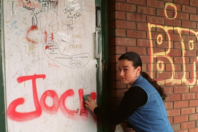 Richmond Hill Nursery was left counting the cost after being targeted by vandals in August 1996. Pictured is Sarah Hanlon cleaning up.