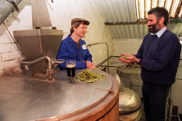 Sean Tomlinson, owner of Oldcastle Breweries in Pontefract (left), with Graham Tock checking on the hops in March 1997.