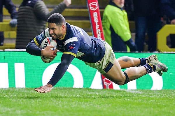 Nene Macdonald scores for Rhinos against Wakefield at Headingley in March. Picture by Alex Whitehead/SWpix.com.