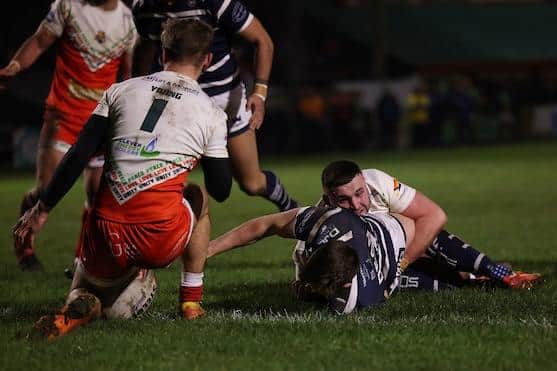 Riley Dean scores for Featherstone against Keighley in February. Picture by John Clifton/SWpix.com.