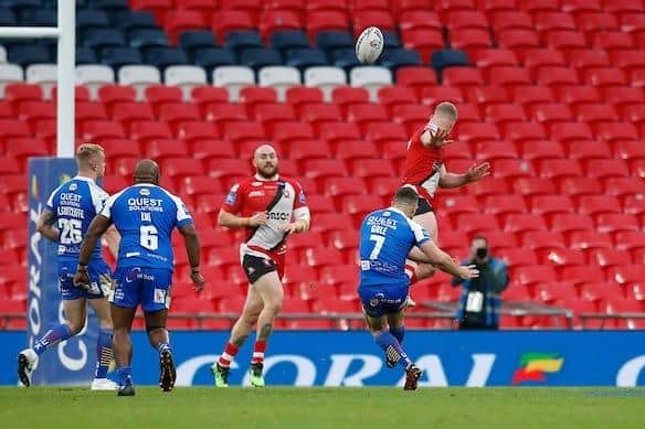 Luke Gale's drop goal earned Leeds Rhinos a 17-16 victory over Salford Red Devils at Wembley in 2020. They haven't won a Challenge Cup tie since. Picture by Ed Sykes/SWpix.com.