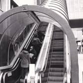One moving staircase going up, another moving staircase coming down. The do you remember the escalators on Boar Lane up to the Bond Street Shopping Centre? Pictured here  in November 1980.