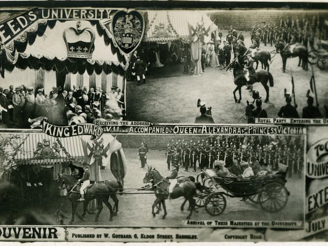 A postcard souvenir of the Royal Visit to the University of Leeds to open the University Extension.