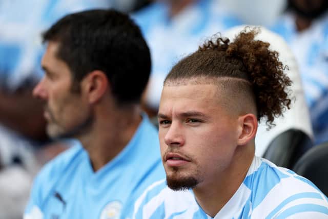 NEWCASTLE UPON TYNE, ENGLAND - AUGUST 21: Kalvin Phillips of Manchester City sitting on the bench as he looks on prior the Premier League match between Newcastle United and Manchester City at St. James Park on August 21, 2022 in Newcastle upon Tyne, England. (Photo by Clive Brunskill/Getty Images)