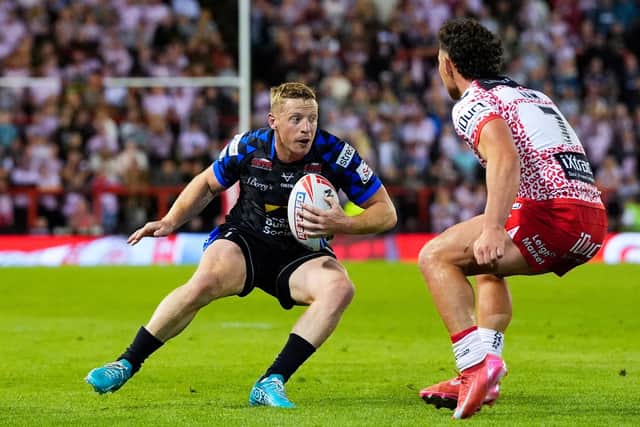 Leeds Rhinos full-back Lachie Miller, seen on the ball against Leigh Leopards last week, is in "unreal" form, according to teammate Ash Handley. Picture by Olly Hassell/SWpix.com.