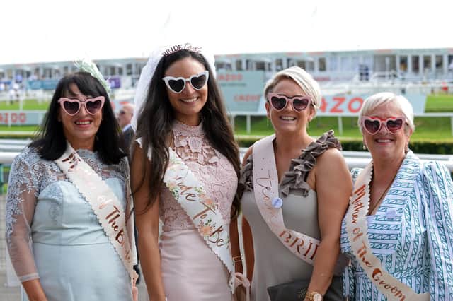 St Leger Festival, Ladies Day 2021. Vanessa Wilson, pictured on her Hen Party, along with her mum Jan Wilson, Claire Dunstan, future sister-in-law and Tina Dunstan, future mother-in-law.