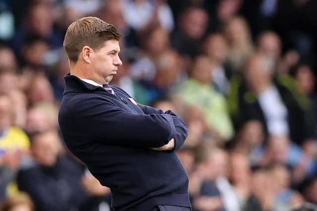 Former Aston Villa head coach Steven Gerrard gestures on the touchline during the English Premier League football match between Leeds United and Aston Villa at Elland Road (Photo by NIGEL RODDIS/AFP via Getty Images)